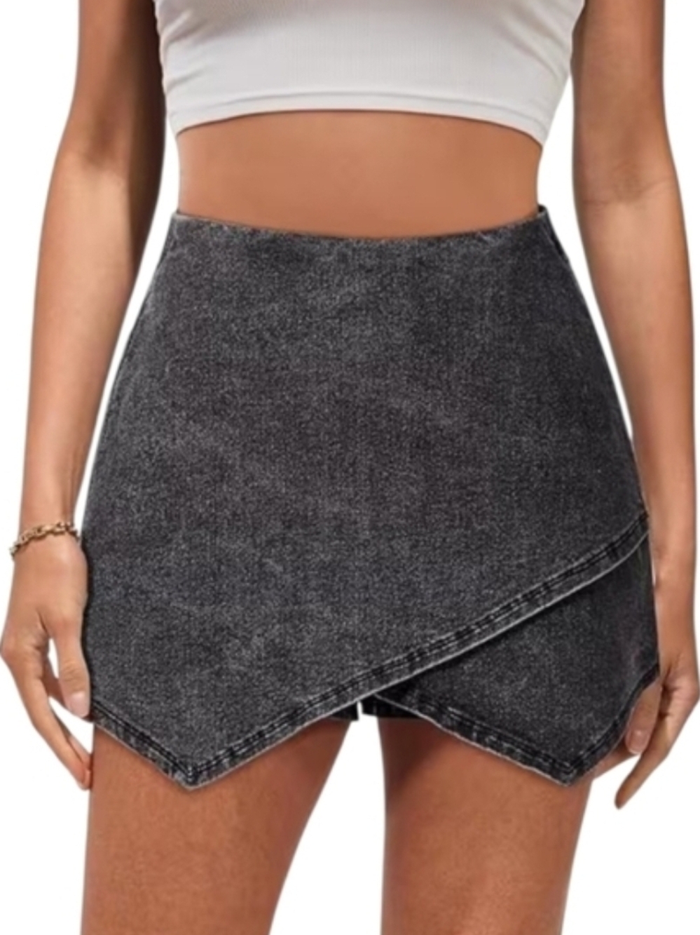 Luvamia women's black acid-wash denim skorts w/asymmetrical faux-wrap L